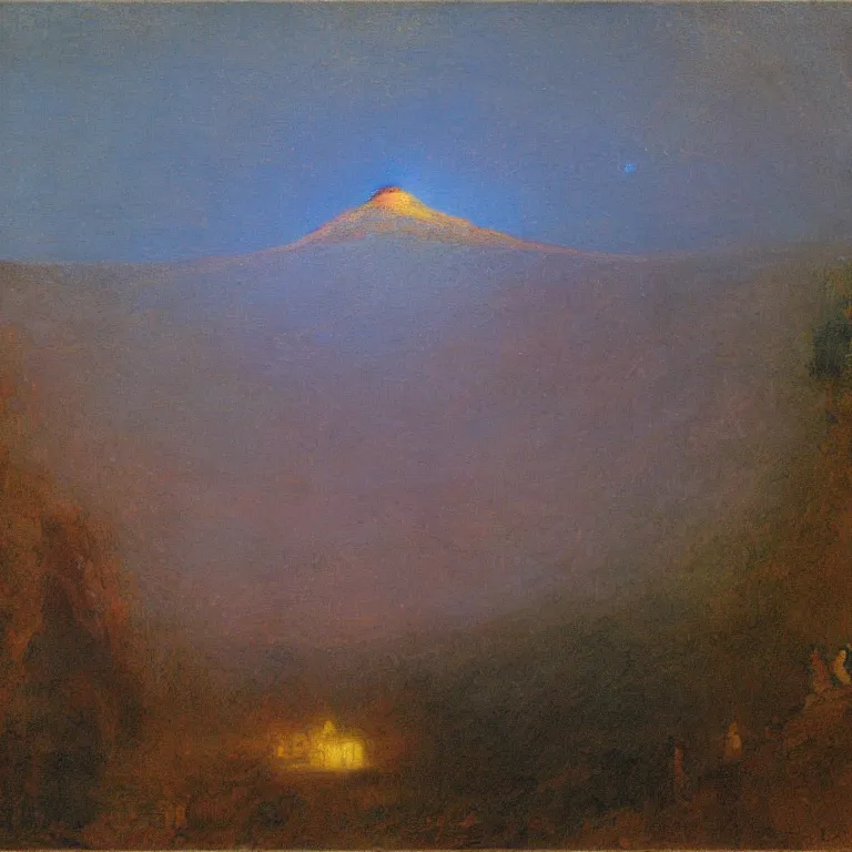 Image similar to zarathustra look up at the magic mountain, before dawn, oil painting, abbott handerson thayer, blue palette