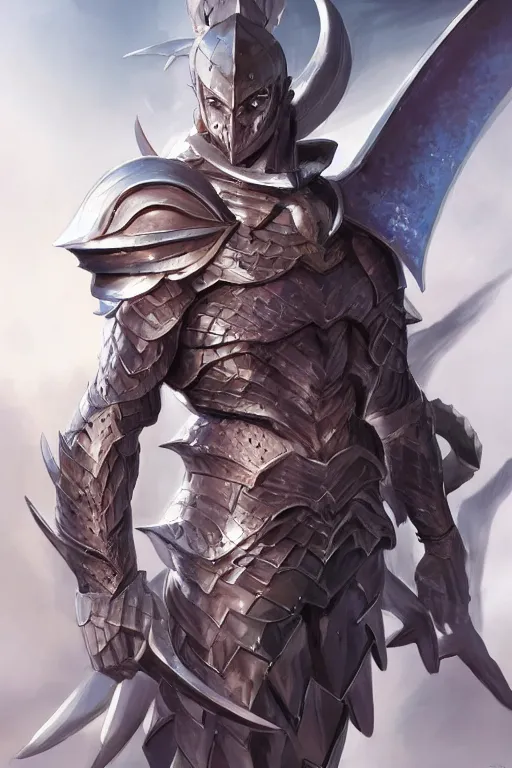 Image similar to Full body character concept art of an anime draconian warrior knight, iridescent scales, cool face, muscular, by Stanley Artgerm Lau, WLOP, Rossdraws, James Jean, Andrei Riabovitchev, Marc Simonetti, and Sakimichan, tranding on artstation