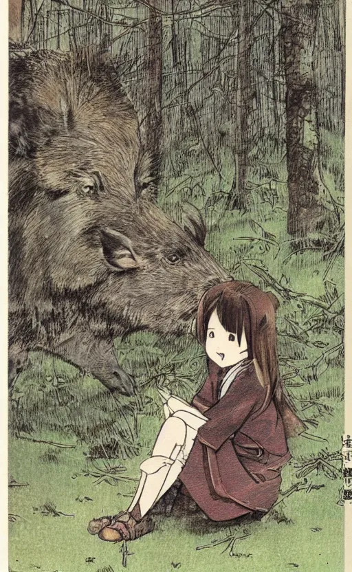 Prompt: by akio watanabe, manga art, friendly boar is curios about girl with brown hair sitting in forest, trading card front, kimono, realistic anatomy