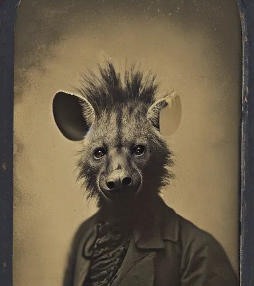 Prompt: professional studio photo portrait of anthro anthropomorphic spotted hyena head animal person fursona smug smiling wearing elaborate pompous royal king robes clothes wallet frame by Louis Daguerre daguerreotype tintype