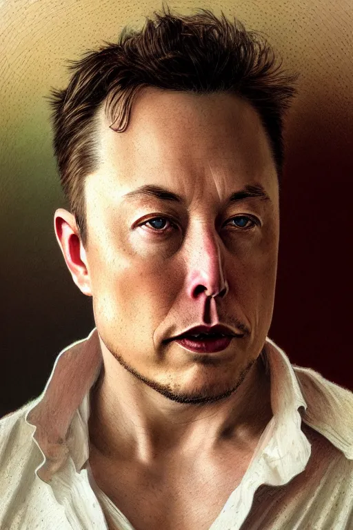 Image similar to photorealistic portrait photograph of elon musk, upper body, handsome, depth of field, soft focus, highly detailed, intricate, realistic, national geographic cover, soft glow, textured, artstation, concept art, sharp focus, illustration, art by artgerm and greg rutkowski and alphonse mucha