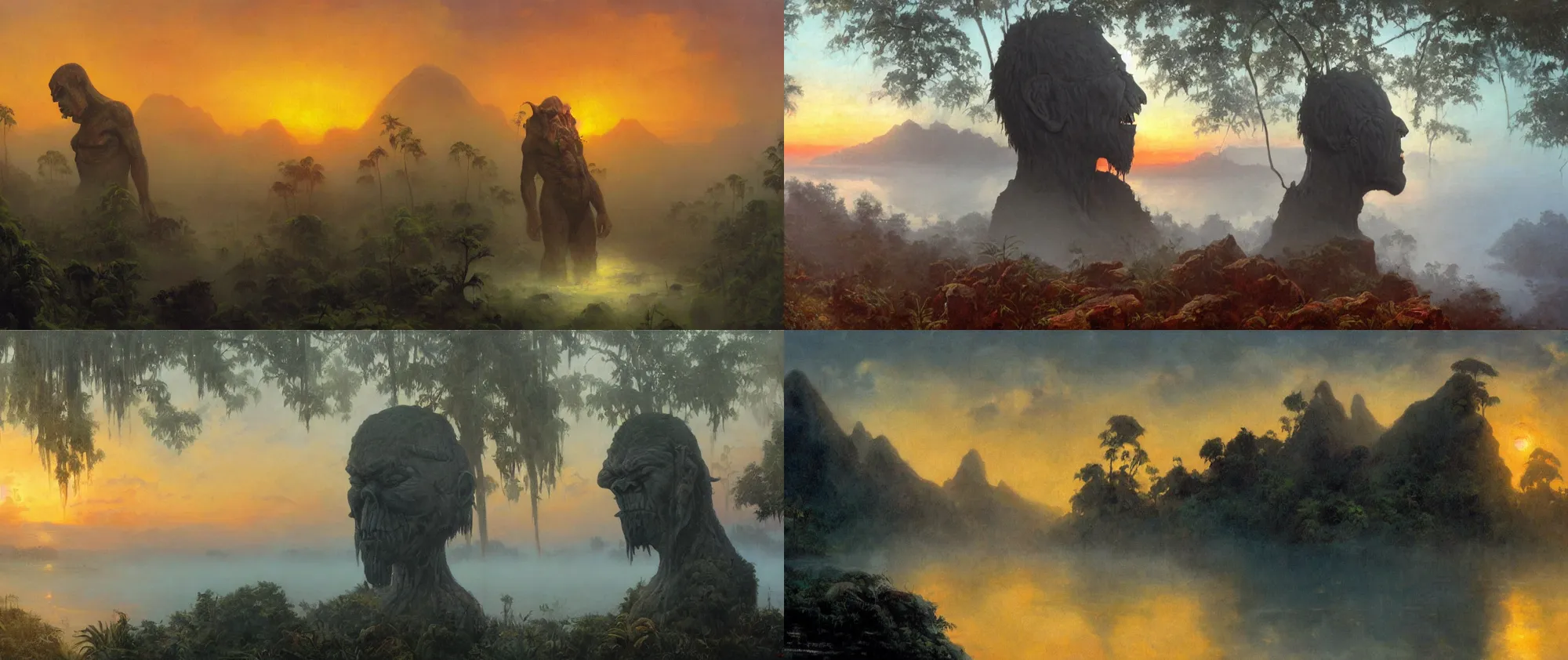 Prompt: giant orc head statue covered with fog in lake in jungle with backlight , sunset oil painting panorama by frazetta