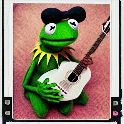 Image similar to Kermit the frog playing ukulele, polaroid photo, instax, white frame, by Warhol,