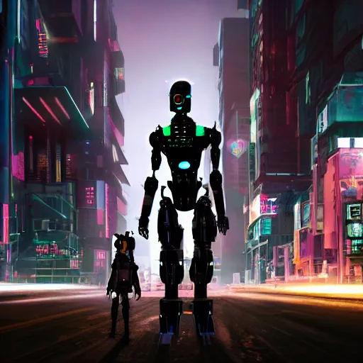 Prompt: a cyberpunk war robot patrolling streets in a dystopian metropolis at night