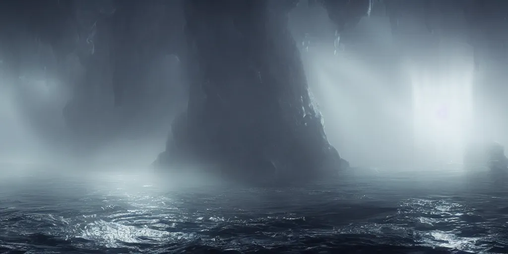 Prompt: there is a sea of underworld, there are fish, it is thousands of miles wide, and no one knows how to cultivate it, light through the mist, dramatic lighting, photorealistic, cinematic lighting, high detail, cinematic feel, high octane, 4K, Unreal Engine, digital render, intricate, ultra realistic, concept art