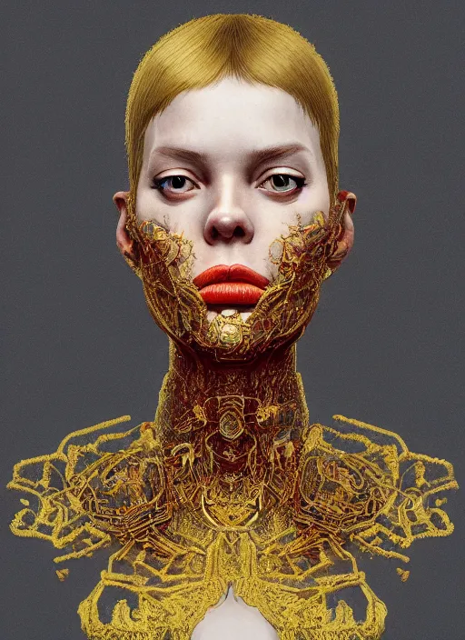 Prompt: gold portrait :: by Martine Johanna and Simon Stålenhag and Chie Yoshii and wlop and Guillermo del toro :: ornate, dynamic, particulate, rich colors, elegant, centered, artstation, smooth, sharp focus, octane render, 3d
