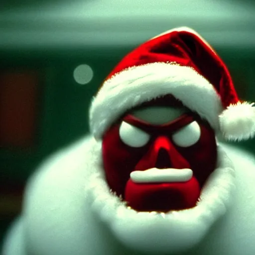 Image similar to a cinematic film still from a 2001 Pixar horror movie about an evil robotic Santa, in the style of Pixar, shallow depth of focus