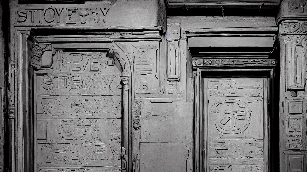 Image similar to detailed photograph of a doorway in a ( ( gray ) ) stoney extremely narrow nightclub hallway with a ( ( neon ) ) sign, aztec architecture, dimly lit, sharp focus