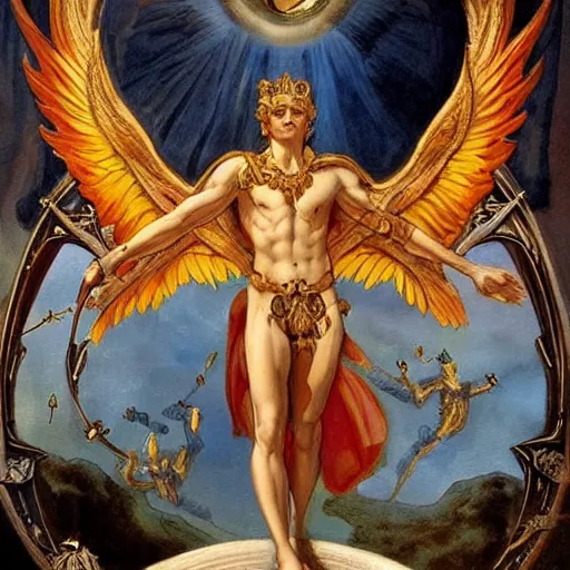 Image similar to Portrait stunning, breathtaking, awe-inspiring award-winning ground-breaking concept art nouveau painting of sophisticated portrayal of Lucifer, invincible and triumphant over the Heavens, with anxious, piercing eyes, exquisite and handsome wings, the morning star bright and splendor in the background, holding in his hands his flaming sword, by Michelangelo, cinematic, socialist realism, intricate detail, finely detailed, small details, extra detail, hyper detail, photorealistic, symmetrical, high resolution, 3D, PBR, path tracing, volumetric lighting, octane render, 8k, 3-point perspective, unreal engine 5,DAZ, octane render, dynamic lighting, IMAX quality, polished, photoshopped, high resolution , path tracing