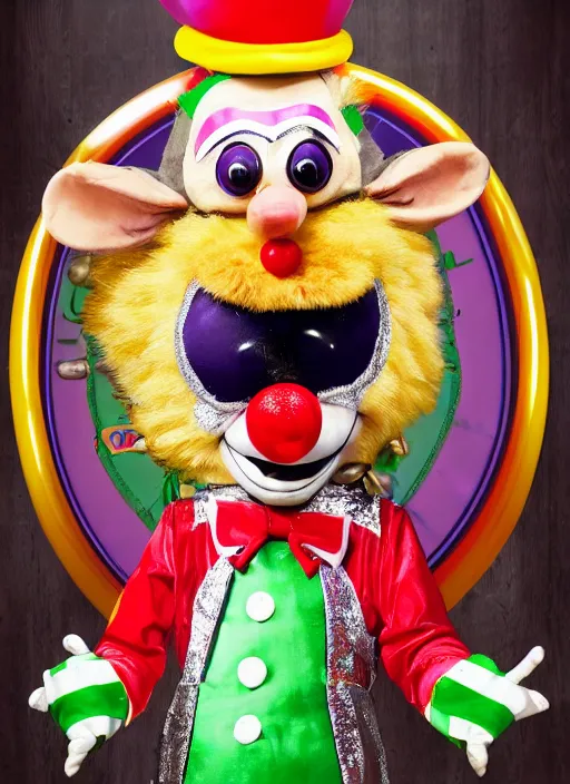 Image similar to Chuck E. Cheese mascot high quality 2013 circus portrait of an anthropomorphic rat animatronic dressed like a clown, professional portrait, Chuck E. Cheese head, authentic, mouse character, costume weird creepy, off putting, nightmare fuel, Chuck E. Cheese, abandoned building,