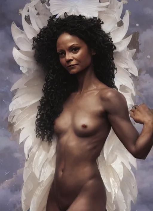 Image similar to dramatic upper body portrait of Thandie Newton as a dark-skinned la sirene Haitian mermaid goddess by Ruan Jia and Mandy Jurgens and Artgerm and william-adolphe bouguereau, underwater, white sheer fabric, white lilies, shells, mirrors, marvel comics, intricate, highly detailed, smooth, artstation, digital illustration by julie bell and Ruan Jia and Mandy Jurgens and Artgerm and William Adolphe Bouguereau and John Collier and Greg Rutkowski and Frank Frazetta