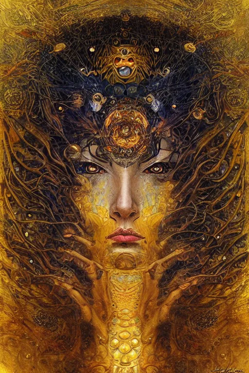 Image similar to Divine Chaos Engine by Karol Bak, Jean Deville, Gustav Klimt, and Vincent Van Gogh, beautiful visionary mystical portrait, sacred, otherworldly, fractal structures, ornate gilded medieval icon, third eye, spirals