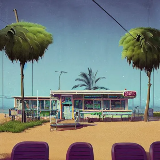 Image similar to inside seaside diner with palm trees by simon stalenhag