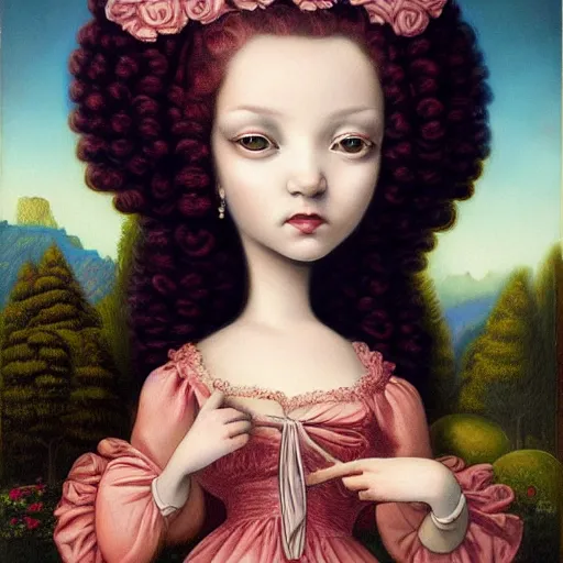 Image similar to a beautiful detailed portrait painting by Mark Ryden of the crazy noble in a serene landscape, rococo