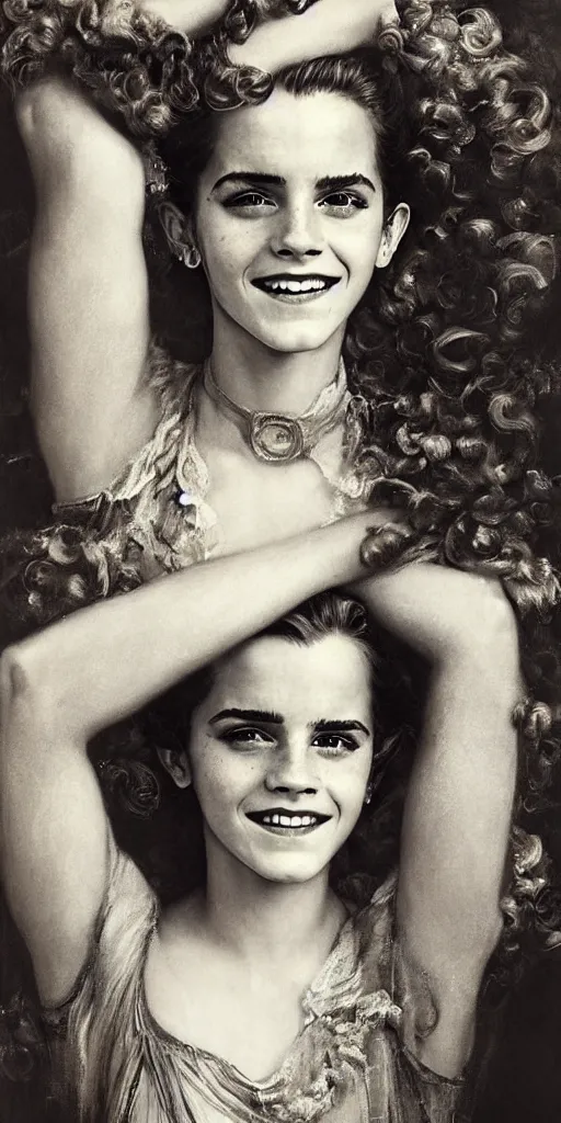 Image similar to emma watson smiling smiling smiling detailed portrait curly updo painting by gaston bussiere craig mullins j. c. leyendecker photograph by richard avedon peter lindbergh annie leibovitz