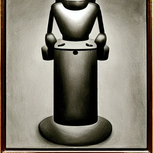 Image similar to super - intelligent robot with kind eyes portrait, in a photo booth, grant wood, pj crook, edward hopper, oil on canvas