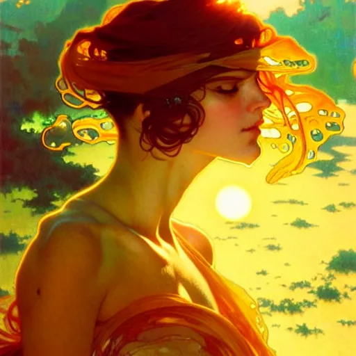 Image similar to sea of glossy liquid honey drops flowing like translucent amber, backlit, sunset, refracted lighting, art by collier, albert aublet, krenz cushart, artem demura, alphonse mucha