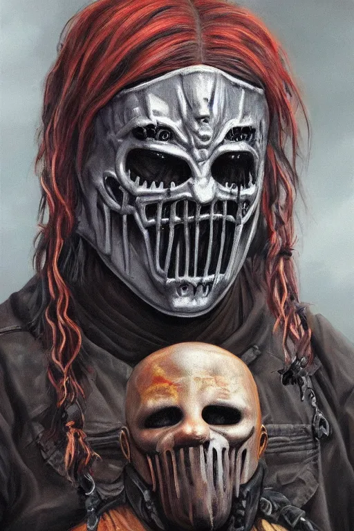 Image similar to a full body high detail fantasy portrait oil painting illustration of slipknot band by justin sweet with face and body clearly visible, in a scenic background, insane, realistic proportions, d & d, rpg, forgotten realms, artstation trending, high quality, sombre mood, artstation trending, muted colours, entire person visible!