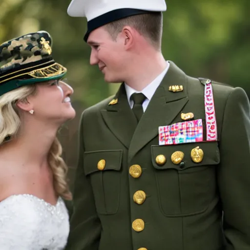 Image similar to A man from the military marrying a blonde woman from the military