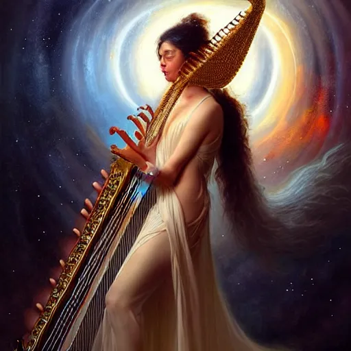 Image similar to a high quality realistic portrait of a very very beautiful! celestial goddess of life playing a mystical exotic looking harp and springing life into the universe, highly detailed, intricate, sharp focus, fantasy, mystical, dreamlike, by WLOP and greg rutkowski