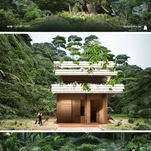 Prompt: a beautiful 3d renderings of a little huse in a jungle, architecture by Kengo Kuma. Architectural photography, 14mm, cinematic photography, high resolution 4k, cg architects, vray