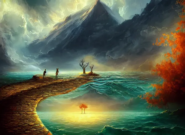 Prompt: epic fantasy landscape, drowning in the water, beautiful sky by Cyril Aquasixio Rolando, Cyril Rolando,