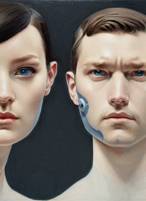 Prompt: artwork by james jean and Phil noto; a close up on the face of a beautiful man and woman in a future space suit; wearing futuristic astronaut helmet; highly detailed; pretty eyes; circular black pupils; artwork by james jean and Phil noto