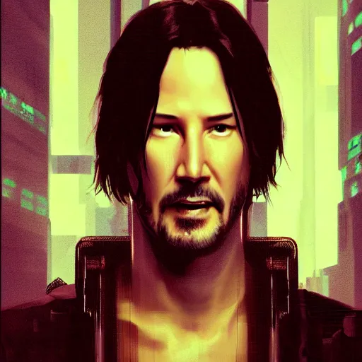 Image similar to cyberpunk, closeup portrait of a keanu reeves, dramatic light, city background, sunset, dystopian setting, high contrast, sharp, neuromancer, henry dorsett case, painted by stanley lau, painted by greg rutkowski, painted by stanley artgerm, digital art, trending on artstation