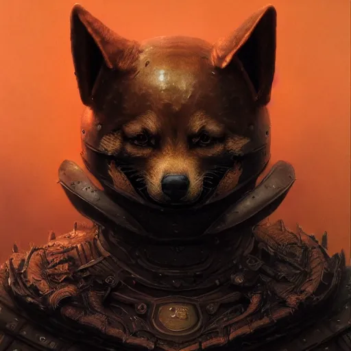 Image similar to berserk black armor, anthropomorphic shiba inu, shiba inu face, in berserk black armor, stuning 3 d render, masterpiece, glowing aura, by donato giancola and greg rutkowski and wayne barlow and zdzisław beksinski, realistic face