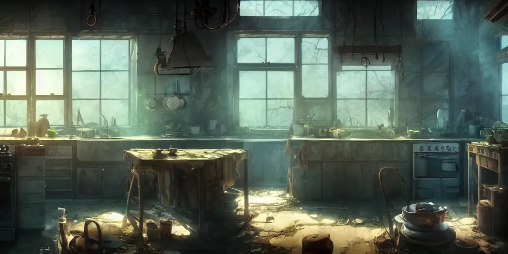 Prompt: a wholesome animation key shot of a post apocalyptic kitchen interior, covered by nature hipster vibes by studio ghibli, animation, sharp, rendered in unreal engine 5, focused, anime key art by greg rutkowski, bloom, dramatic lighting