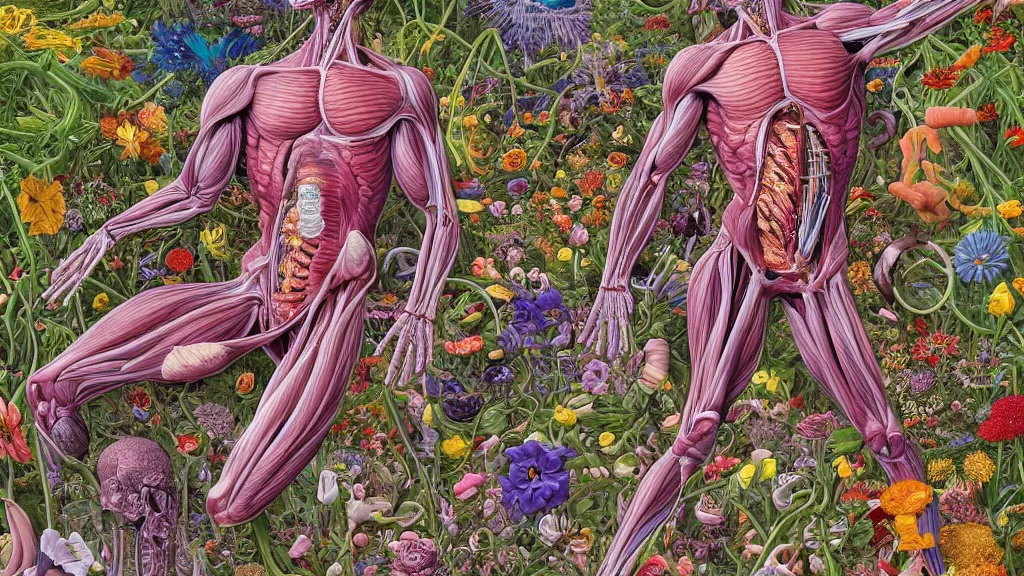Image similar to highly detailed illustration of a human anatomy body exploded by all the known species of flowers by juan gatti, by moebius!!,, by oliver vernon, by joseph moncada, by damon soule, by manabu ikeda, by kyle hotz, by dan mumford, by kilian eng