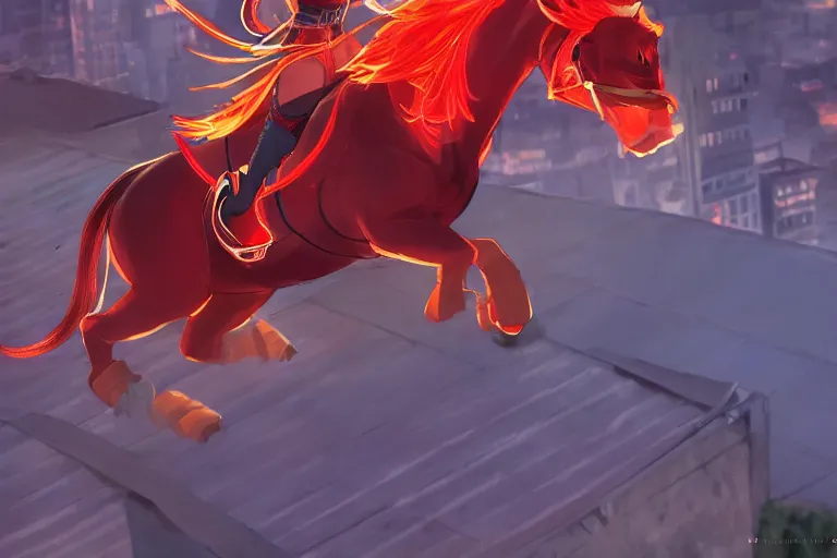 Image similar to beyonce dressed as a ninja riding a red horse on a harlem rooftop, highly detailed, 4k resolution, lighting, anime scenery by Makoto shinkai