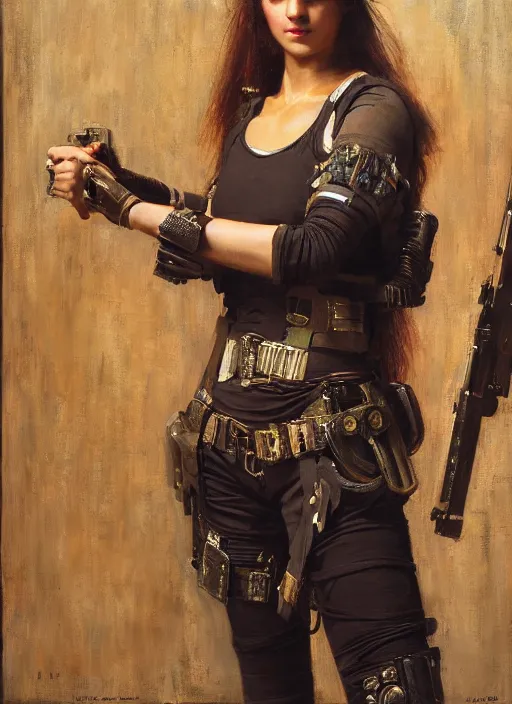 Prompt: Maria. beautiful cyberpunk mercenary wearing military vest. Iranian orientalist portrait by john william waterhouse and Edwin Longsden Long and Theodore Ralli and Nasreddine Dinet, oil on canvas. Cinematic, hyper realism, dramatic lighting, high detail 4k