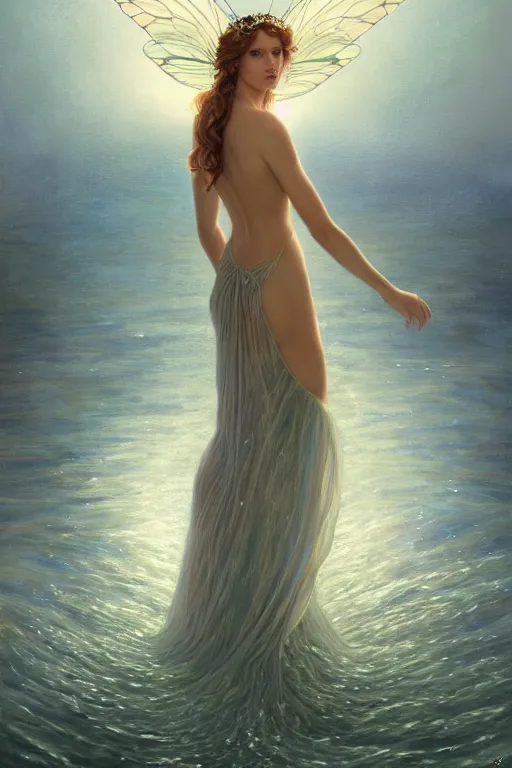 Image similar to a portrait of elegant beautiful queen of the water fairies, gossamer wings, long hair, gown made of ocean waves, illustration, dramatic lighting, soft details, painting oil on canvas, art nouveau, octane render, HDR, 4k, 8k, HD, by Edmund Blair Leighton, Brom, Charlie Bowater, faces by otto schmidt