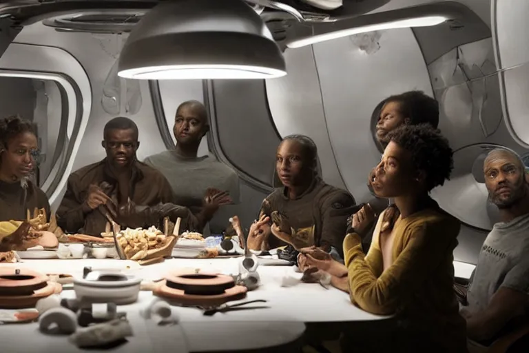 Image similar to movie diverse interracial small team of European sci-fi futuristic space explorers talking at the table in a spaceship kitchen, beautiful skin, Symmetrical faces. Beautiful lighting by Emmanuel Lubezki