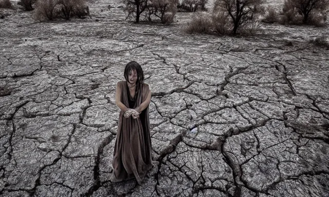 Image similar to medium shot of a crying ancient dried up Danu, peaceful, facing the camera and standing in front of a dried up river in a desolate land, dead trees, blue sky, hot and sunny, highly-detailed, elegant, dramatic lighting, artstation, 4k, cinematic landscape, photograph by Elisabeth Gadd