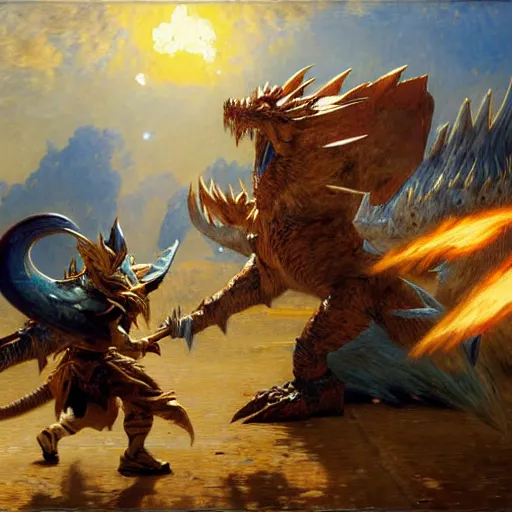 Prompt: stunning male master wizard fighting zinogre from monster hunter, highly detailed painting by gaston bussiere, craig mullins, j. c. leyendecker, 8 k