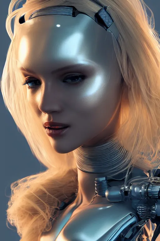 Image similar to a beautiful woman with blonde hair wearing robot suit with wires and light, highly detailed, photorealistic, artstation, smooth