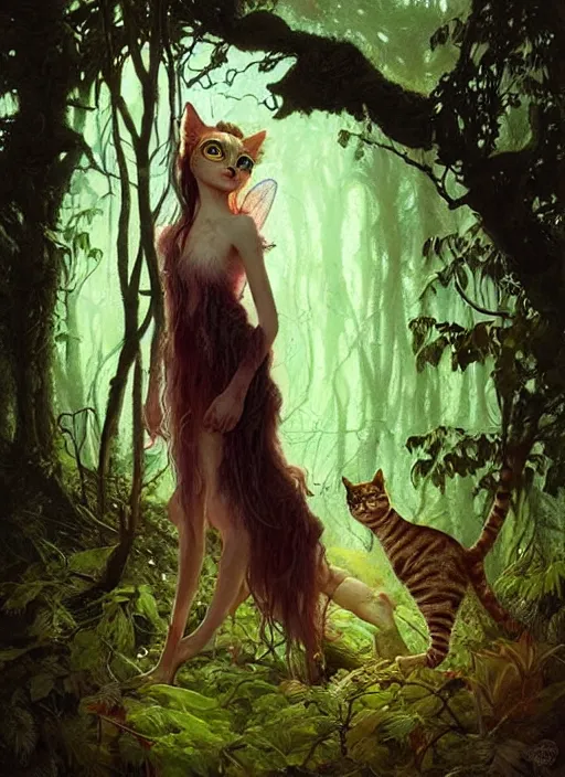 Prompt: a hyper realistic cat witch fairy in the woods gorgeous lighting, lush forest foliage painting by chiara bautista and beksinski and norman rockwell and greg rutkowski weta studio, and lucasfilm