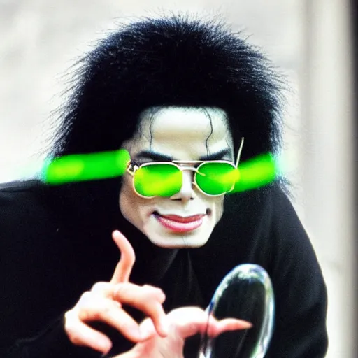 Image similar to michael jackson 2 0 0 9 wearing shades, this is it style, photo real, pores, motion blur, sitting with bubbles the chimp window open, real life, spotted, ultra realistic face, accurate, 4 k, movie still, uhd, sharp, detailed, cinematic, render, modern