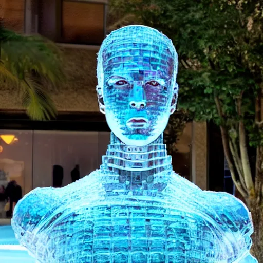 Image similar to made of ice, a realistic detailed photo of a guy who is an attractive humanoid who is half robot and half humanoid, who is a male android, on display, blank stare, showing off his muscles, shiny skin, posing like a statue, by the pool, frozen ice statue, twitch streamer / gamer ludwig, humanoid robot