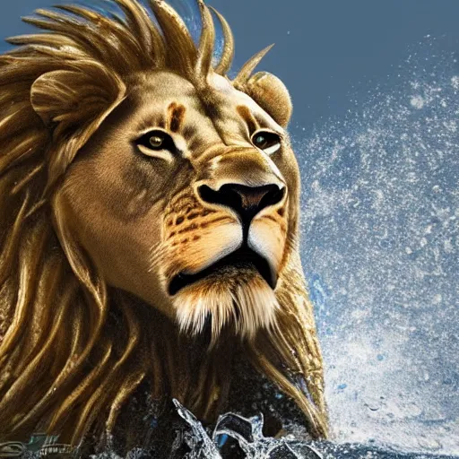 Image similar to a male lion's face breaching through a wall of water, headshot, water sprites, splashing, deep blue ocean, highly detailed, realistic digital art, trending on artstation