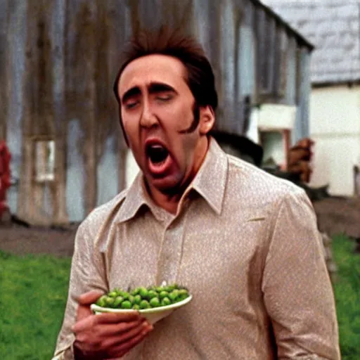 Image similar to nicolas cage screaming with a mouth full of peas, movie still, the wicker man