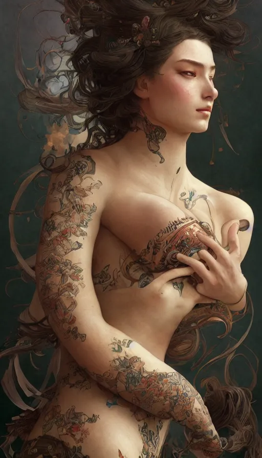 Image similar to pillow book, writing on skin, insane, intricate, highly detailed, digital painting, artstation, concept art, smooth, sharp focus, illustration, Unreal Engine 5, 8K, art by artgerm and greg rutkowski and alphonse mucha