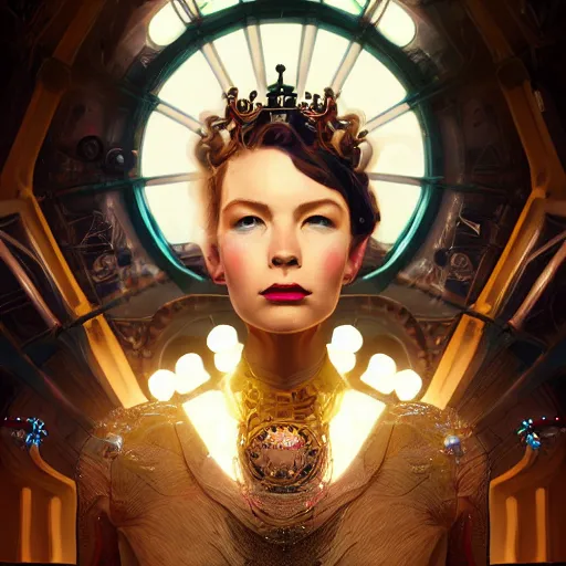 Image similar to portrait futuristic queen elizabeth steampunk half - cyborg, neon light rooftop, fantasy, intricate and very very beautiful and elegant, highly detailed, digital painting, artstation, concept art, smooth and sharp focus, illustration, art by tan zi and ayanamikodon and alphonse mucha and wlop