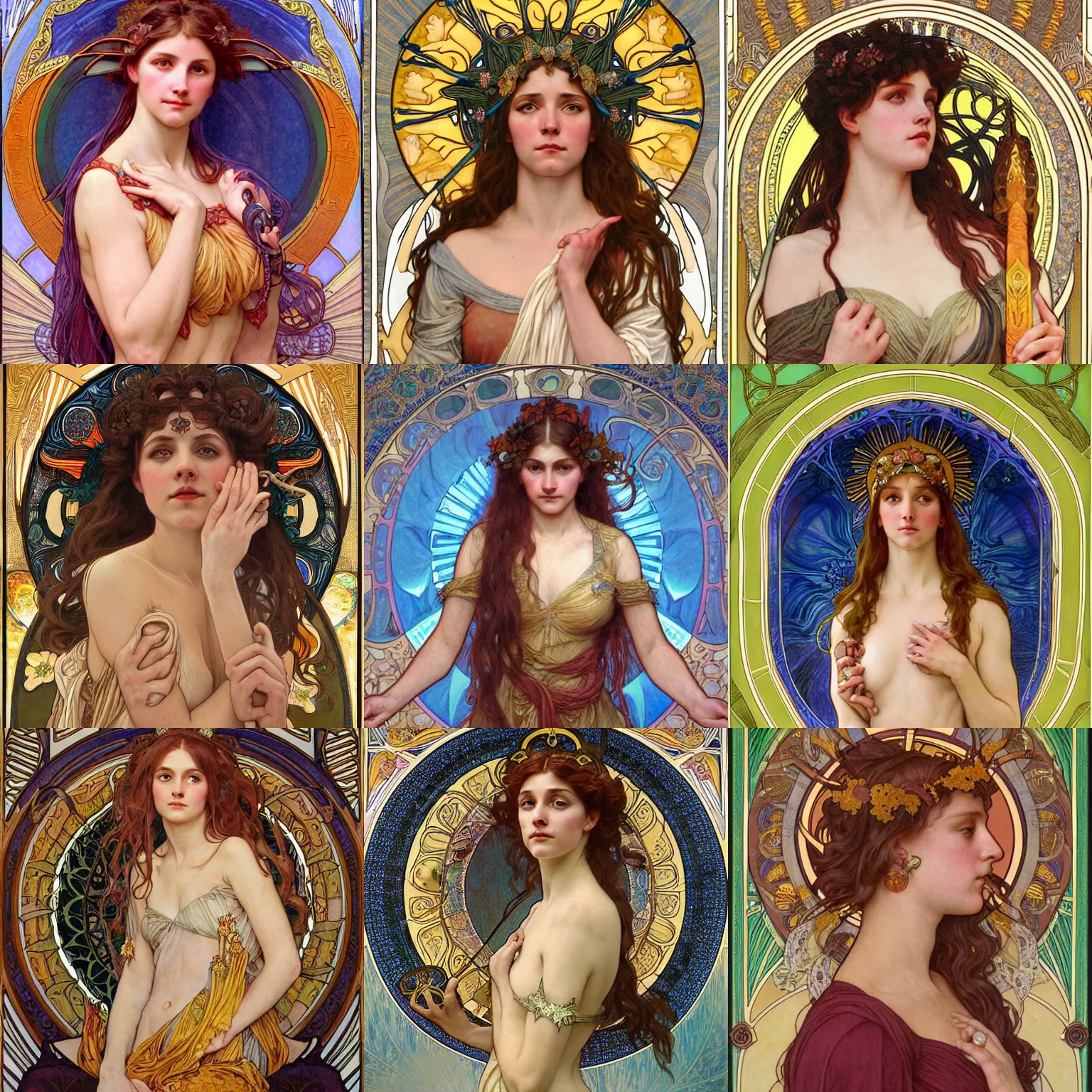 Prompt: My version of the previous: detailed portrait art nouveau painting of Freya Allan as the goddess of the sun, with anxious, piercing eyes, by Alphonse Mucha, Michael Whelan, William Adolphe Bouguereau, John Williams Waterhouse, and Donato Giancola