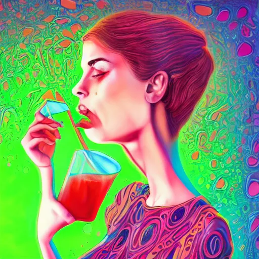 Image similar to an extremely psychedelic wideshot of an woman drinking juice, surreal, lsd, face, detailed, intricate, elegant, lithe, highly detailed, digital painting, artstation, concept art, smooth, sharp focus, illustration