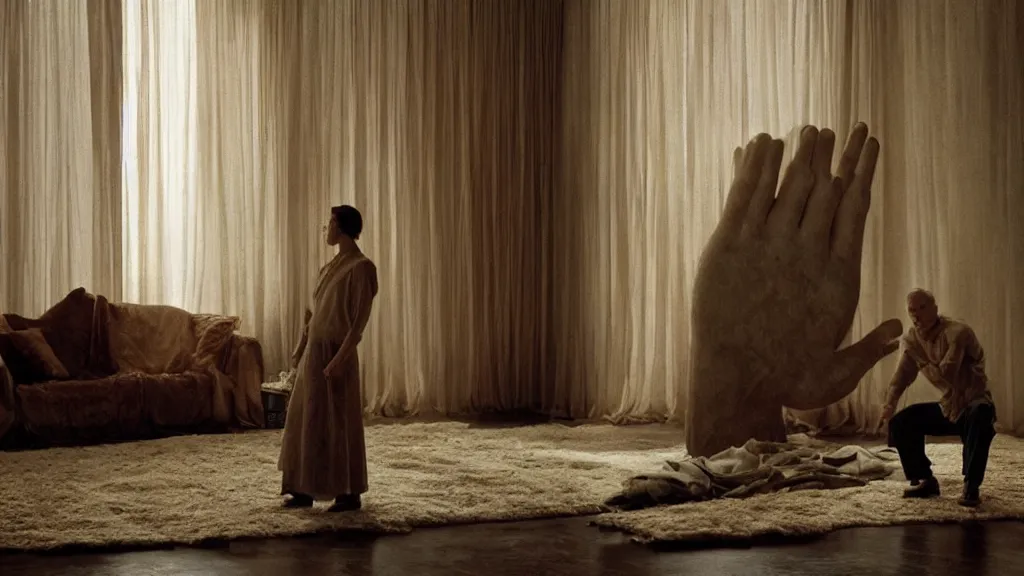 Image similar to the giant hand reaches inside out living room, film still from the movie directed by Denis Villeneuve with art direction by Zdzisław Beksiński, wide lens