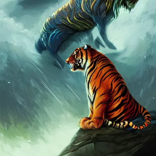 Image similar to A Wizard battling a Tiger, digital art, masterpiece; trending on ArtStation; by MotG digital painting by R.J. Palmer; by Anato Finnstark