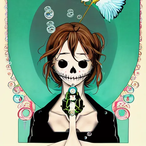 Prompt: portrait of a anime angel happy smiley girl skull face with bubbles in background detailed highres 4k by Trevor Brown pop art nouveau